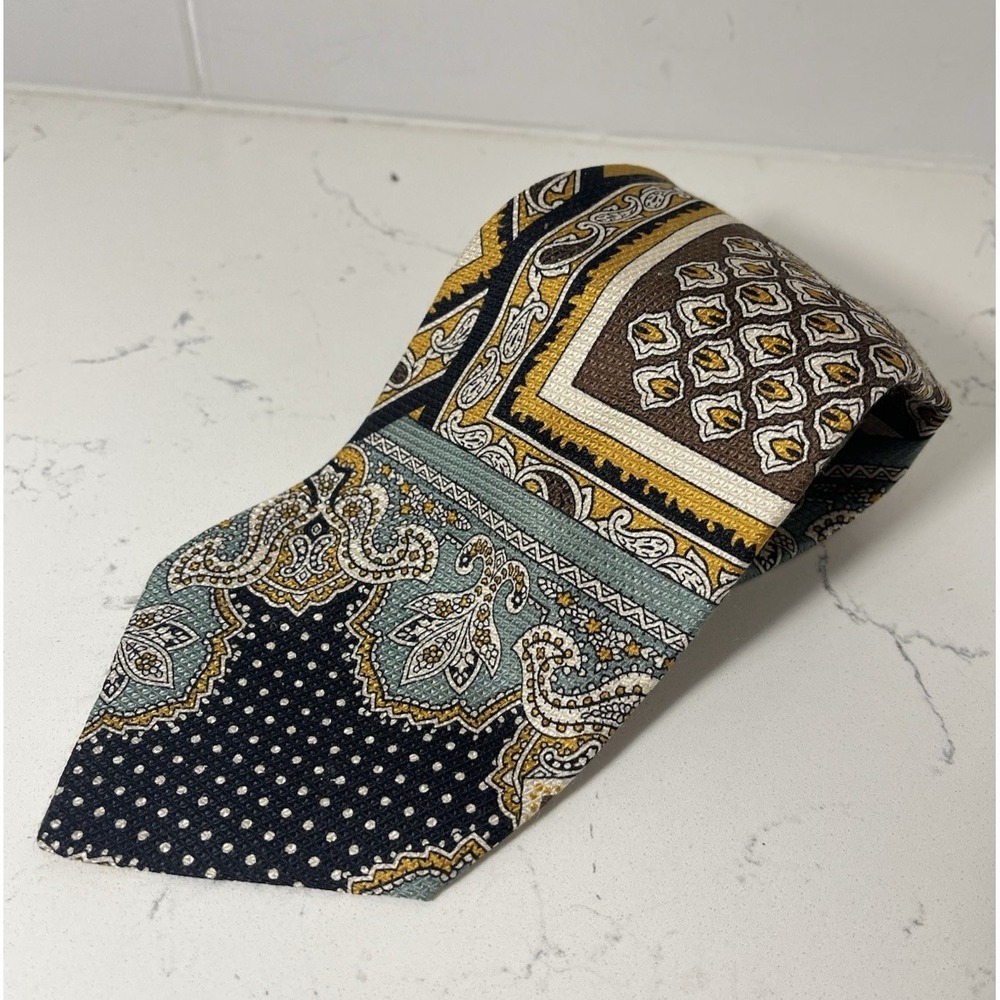 Canali Mens Silk Tie Floral Paisley Jacquard Blue Teal Gold Made in Italy 57.5x4